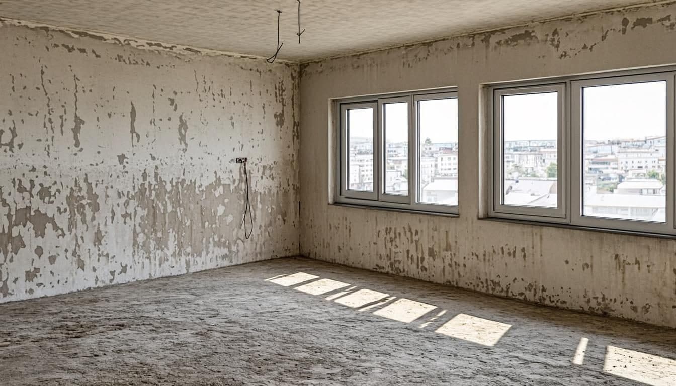 Sala vazia em obra bruta, com paredes sem revestimento, piso de concreto e fiação exposta